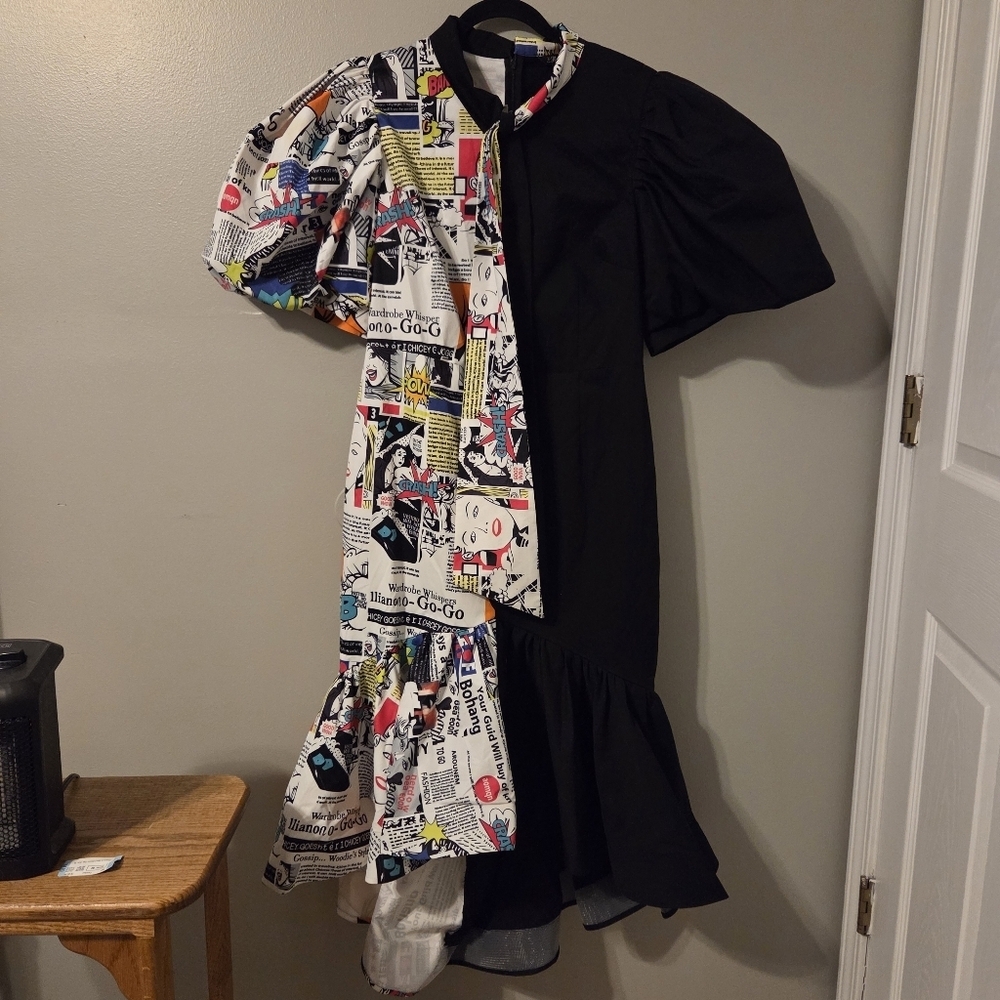 For Her NYC Womens Mixed Media Black White Puff Sleeve Comic Retro Dress. XL - Picture 5 of 9